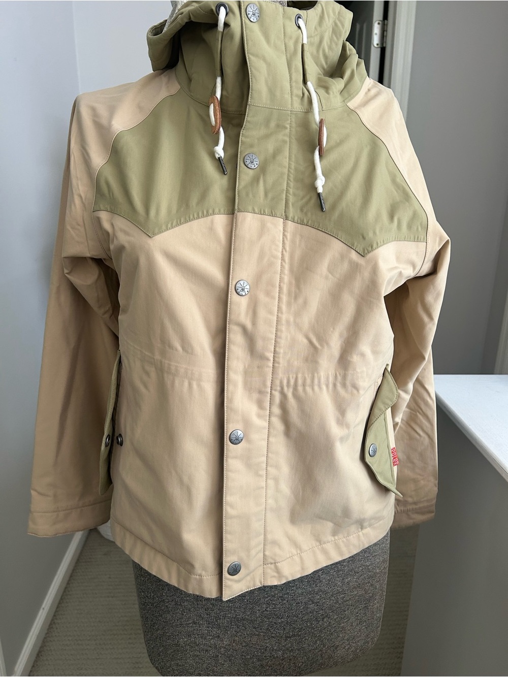 Purveyors and Outfitters Two-Tone Hooded Raincoat in Beige and Olive Green